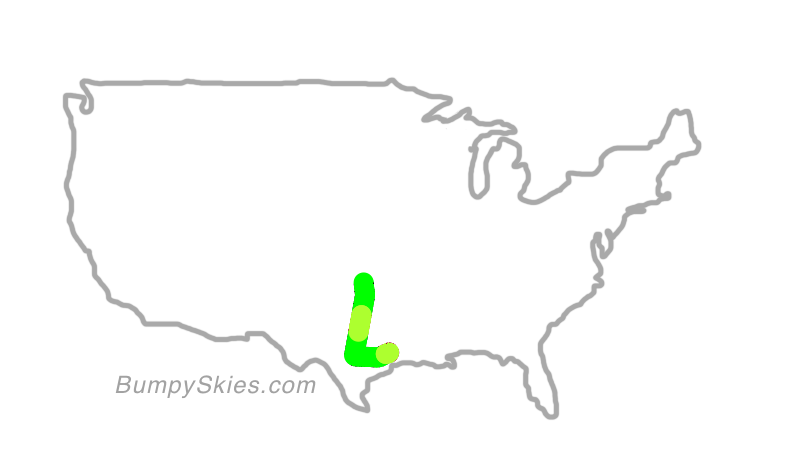 Map of continental US with illustrated flight path and turbulence forecast (described in text below)