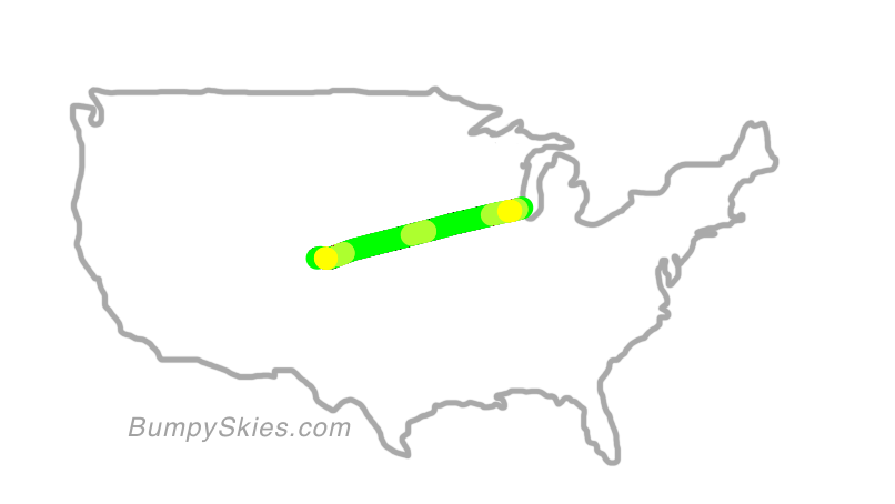 Map of continental US with illustrated flight path and turbulence forecast (described in text below)