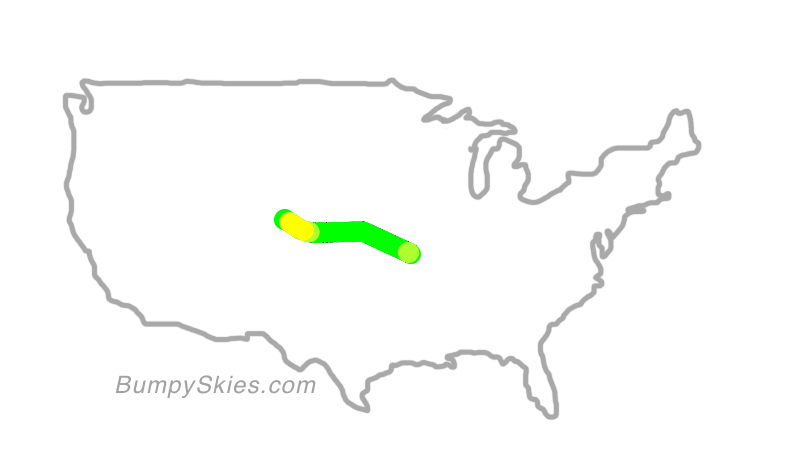 Map of continental US with illustrated flight path and turbulence forecast (described in text below)