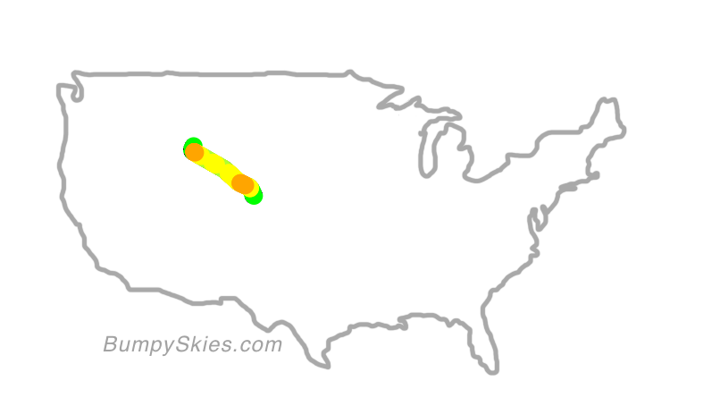 Map of continental US with illustrated flight path and turbulence forecast (described in text below)