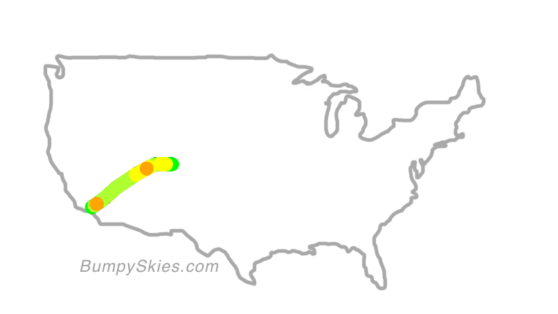 Map of continental US with illustrated flight path and turbulence forecast (described in text below)