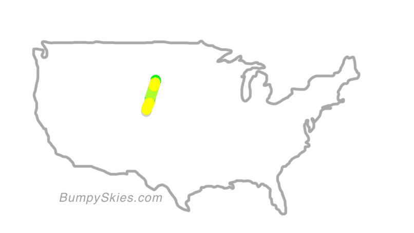 Map of continental US with illustrated flight path and turbulence forecast (described in text below)