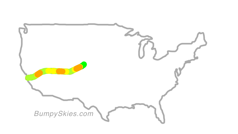 Map of continental US with illustrated flight path and turbulence forecast (described in text below)