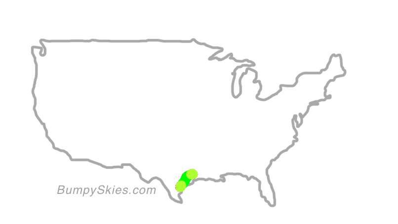 Map of continental US with illustrated flight path and turbulence forecast (described in text below)