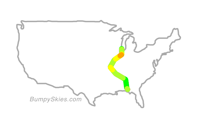 Map of continental US with illustrated flight path and turbulence forecast (described in text below)