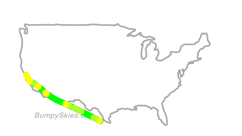 Map of continental US with illustrated flight path and turbulence forecast (described in text below)