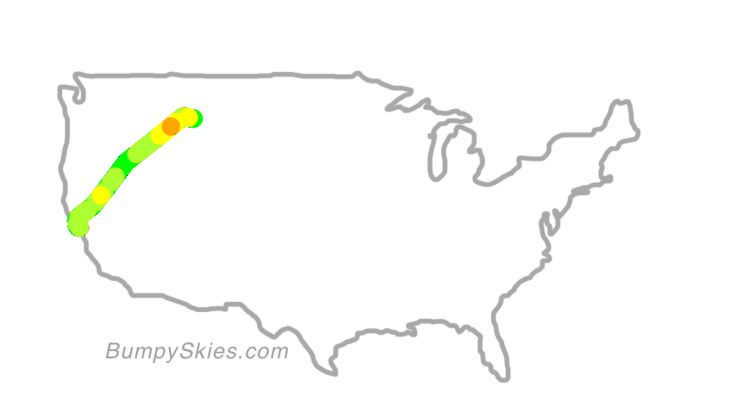Map of continental US with illustrated flight path and turbulence forecast (described in text below)