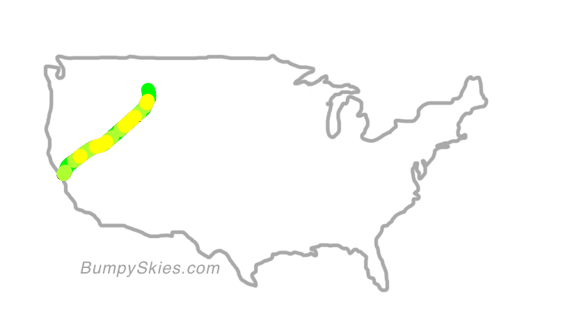 Map of continental US with illustrated flight path and turbulence forecast (described in text below)