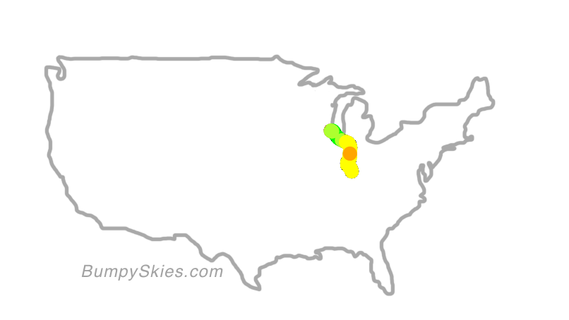 Map of continental US with illustrated flight path and turbulence forecast (described in text below)