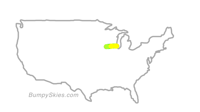 Map of continental US with illustrated flight path and turbulence forecast (described in text below)