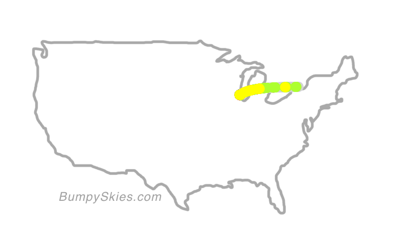 Map of continental US with illustrated flight path and turbulence forecast (described in text below)