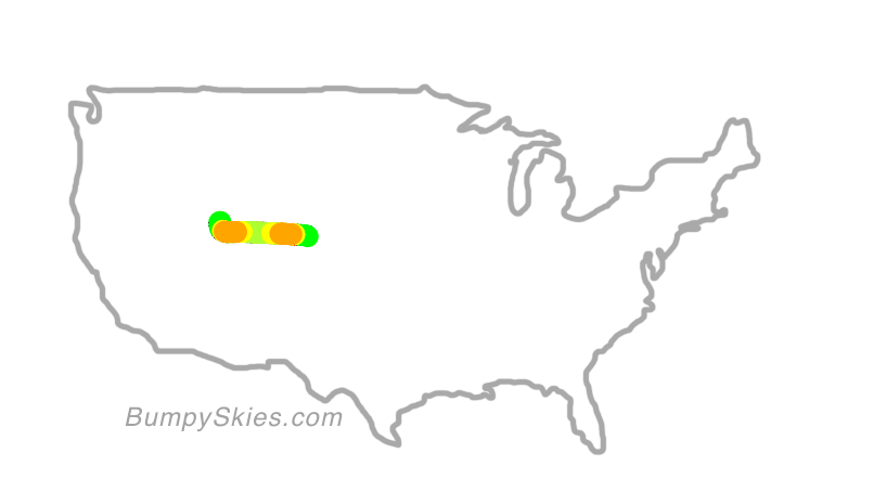 Map of continental US with illustrated flight path and turbulence forecast (described in text below)