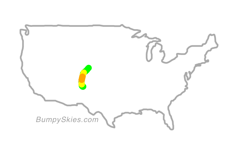 Map of continental US with illustrated flight path and turbulence forecast (described in text below)