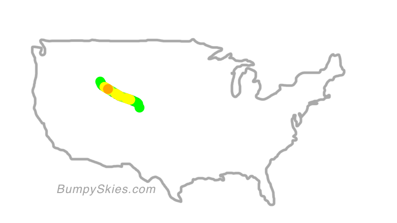 Map of continental US with illustrated flight path and turbulence forecast (described in text below)