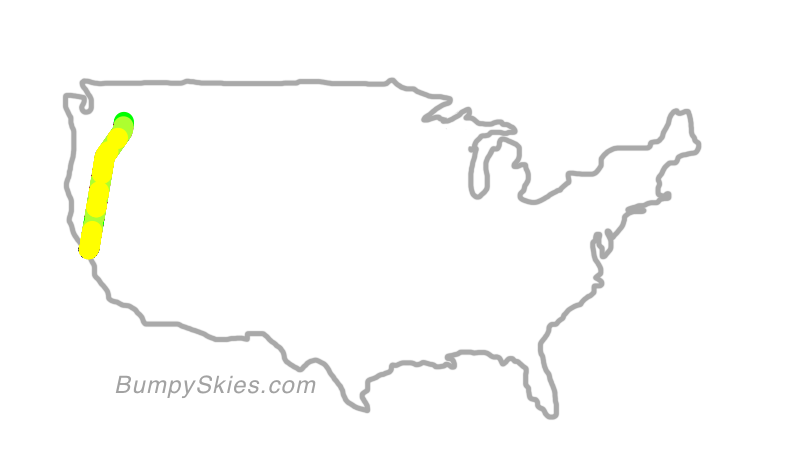 Map of continental US with illustrated flight path and turbulence forecast (described in text below)