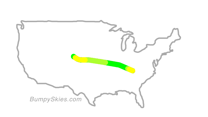 Map of continental US with illustrated flight path and turbulence forecast (described in text below)