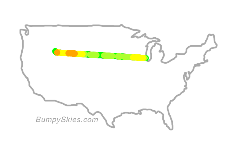 Map of continental US with illustrated flight path and turbulence forecast (described in text below)