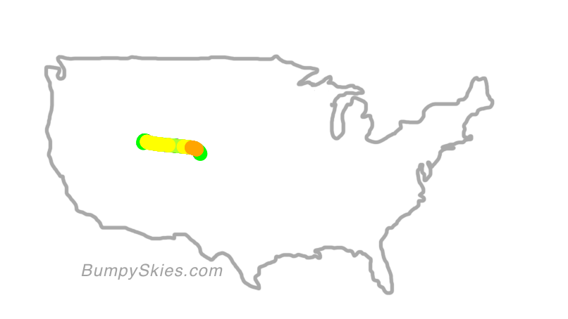 Map of continental US with illustrated flight path and turbulence forecast (described in text below)