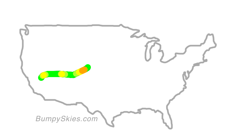 Map of continental US with illustrated flight path and turbulence forecast (described in text below)