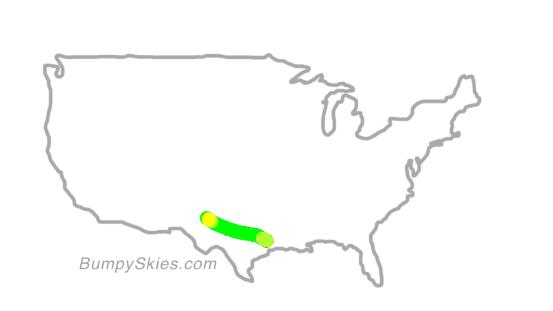 Map of continental US with illustrated flight path and turbulence forecast (described in text below)
