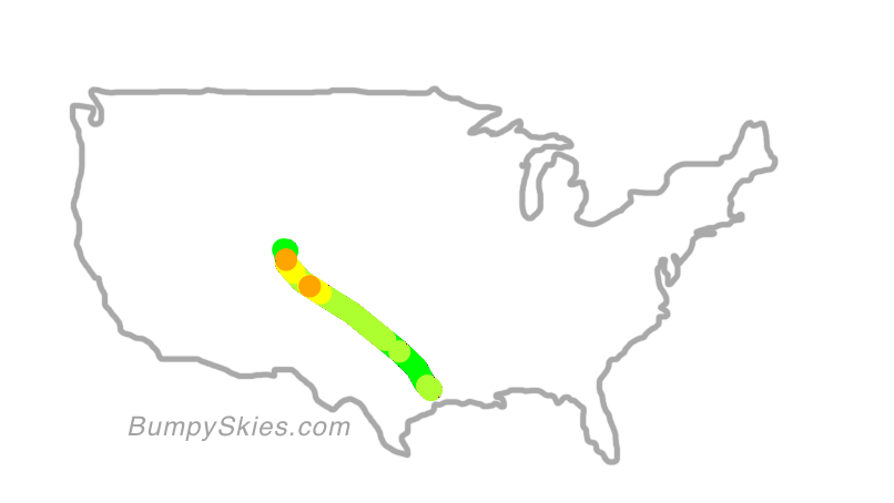 Map of continental US with illustrated flight path and turbulence forecast (described in text below)