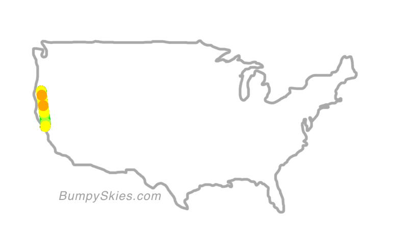 Map of continental US with illustrated flight path and turbulence forecast (described in text below)