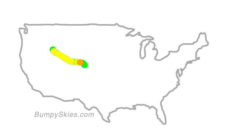 Map of continental US with illustrated flight path and turbulence forecast (described in text below)