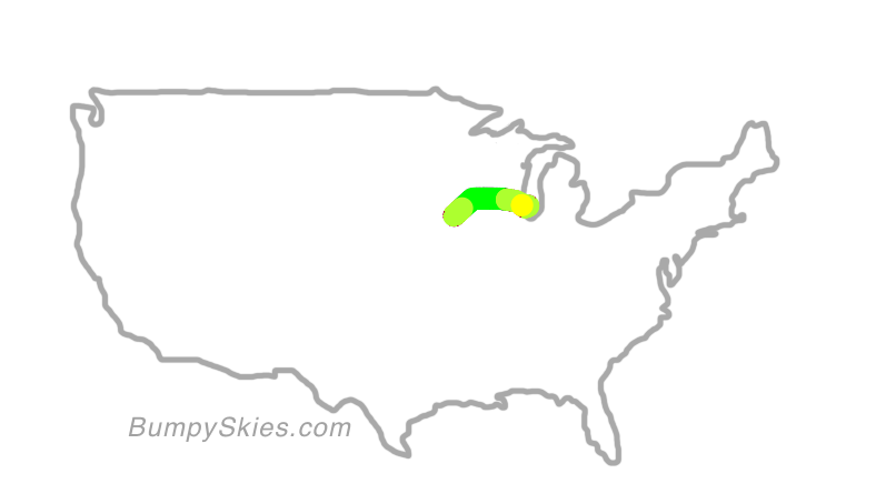 Map of continental US with illustrated flight path and turbulence forecast (described in text below)