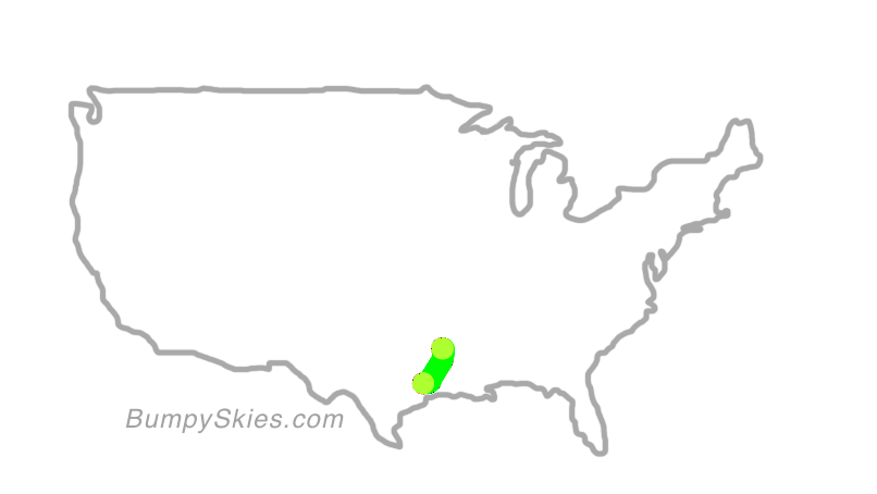 Map of continental US with illustrated flight path and turbulence forecast (described in text below)