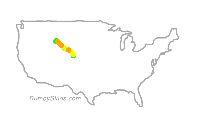 Map of continental US with illustrated flight path and turbulence forecast (described in text below)