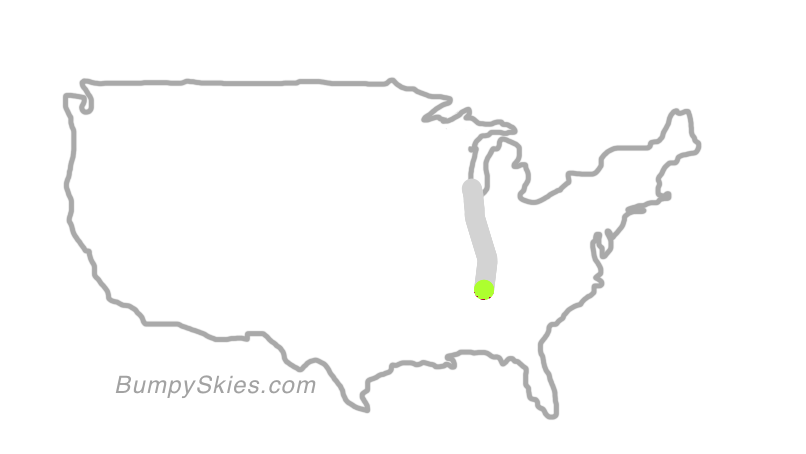 Map of continental US with illustrated flight path and turbulence forecast (described in text below)