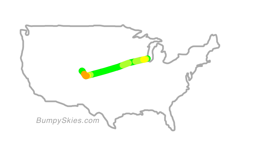Map of continental US with illustrated flight path and turbulence forecast (described in text below)