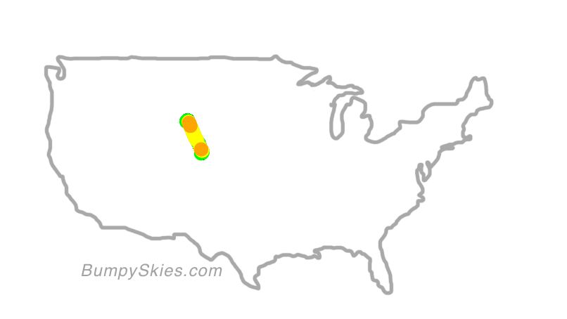Map of continental US with illustrated flight path and turbulence forecast (described in text below)