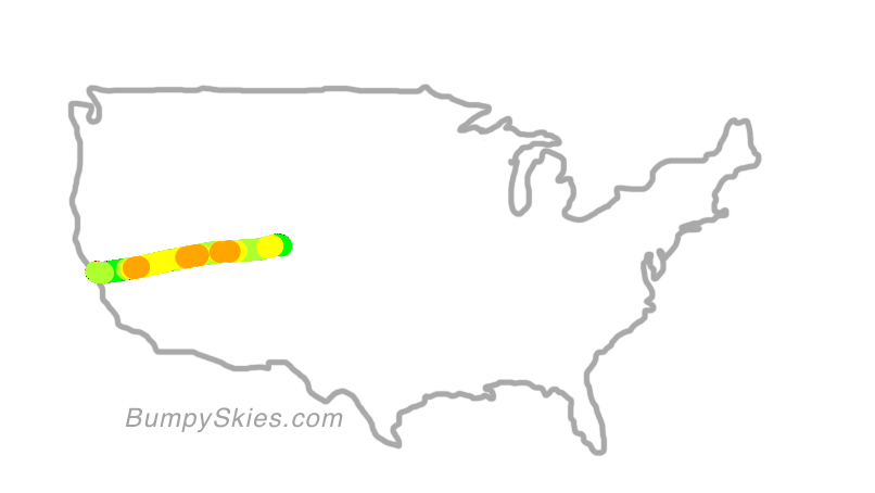 Map of continental US with illustrated flight path and turbulence forecast (described in text below)
