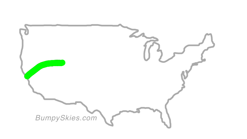 Map of continental US with illustrated flight path and turbulence forecast (described in text below)
