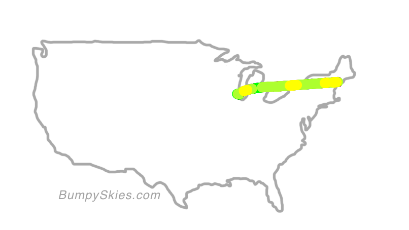 Map of continental US with illustrated flight path and turbulence forecast (described in text below)