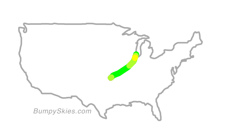 Map of continental US with illustrated flight path and turbulence forecast (described in text below)