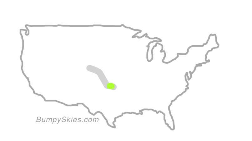 Map of continental US with illustrated flight path and turbulence forecast (described in text below)