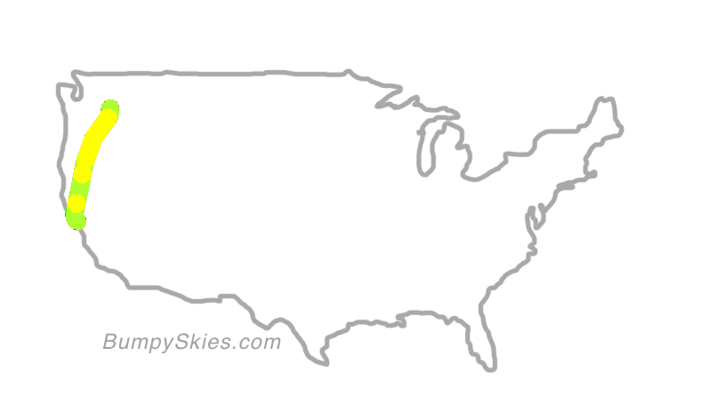 Map of continental US with illustrated flight path and turbulence forecast (described in text below)