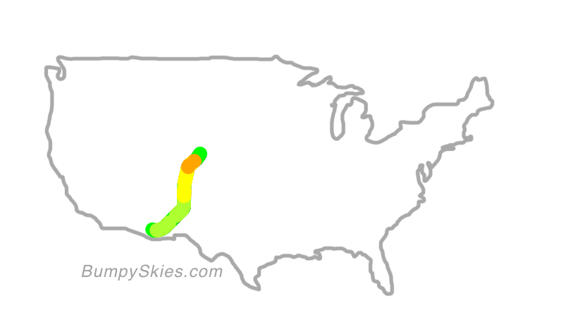 Map of continental US with illustrated flight path and turbulence forecast (described in text below)