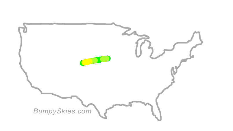 Map of continental US with illustrated flight path and turbulence forecast (described in text below)