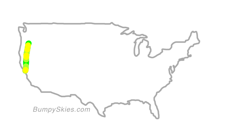 Map of continental US with illustrated flight path and turbulence forecast (described in text below)