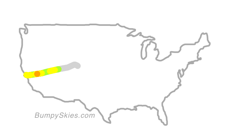 Map of continental US with illustrated flight path and turbulence forecast (described in text below)
