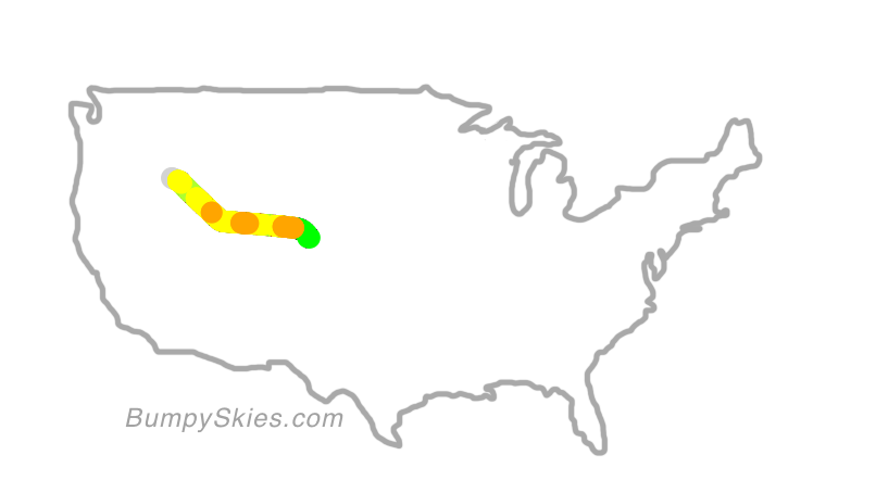 Map of continental US with illustrated flight path and turbulence forecast (described in text below)