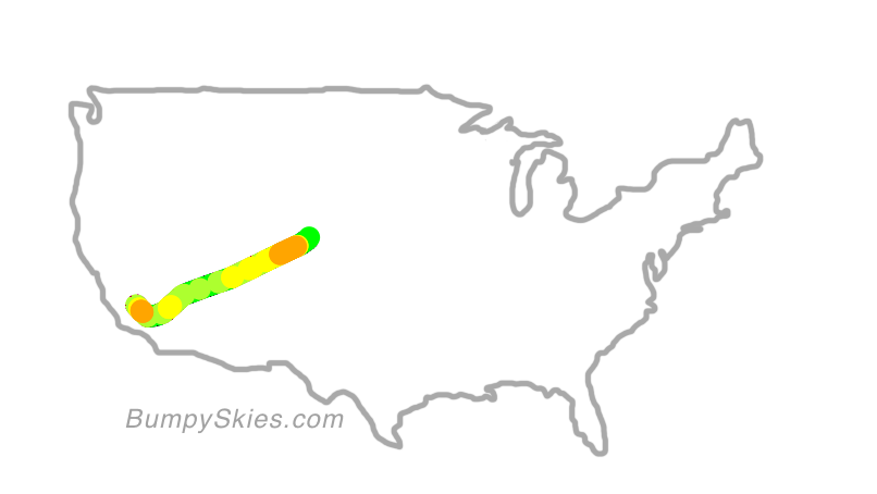 Map of continental US with illustrated flight path and turbulence forecast (described in text below)