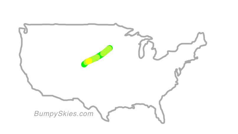 Map of continental US with illustrated flight path and turbulence forecast (described in text below)