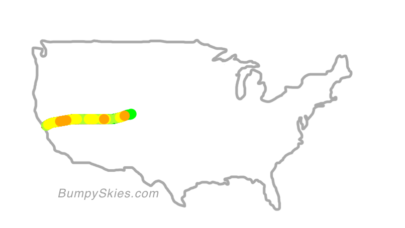 Map of continental US with illustrated flight path and turbulence forecast (described in text below)
