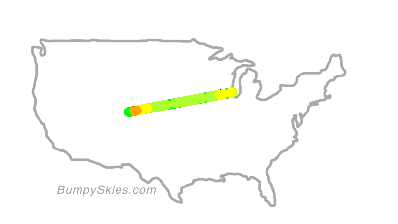 Map of continental US with illustrated flight path and turbulence forecast (described in text below)
