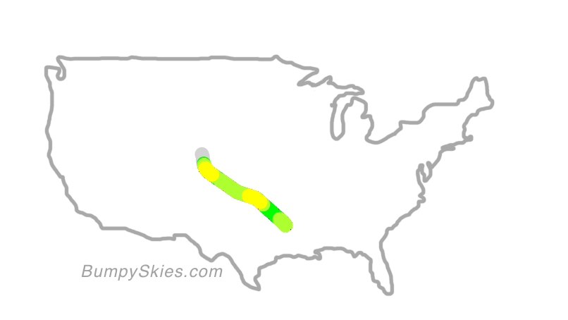 Map of continental US with illustrated flight path and turbulence forecast (described in text below)