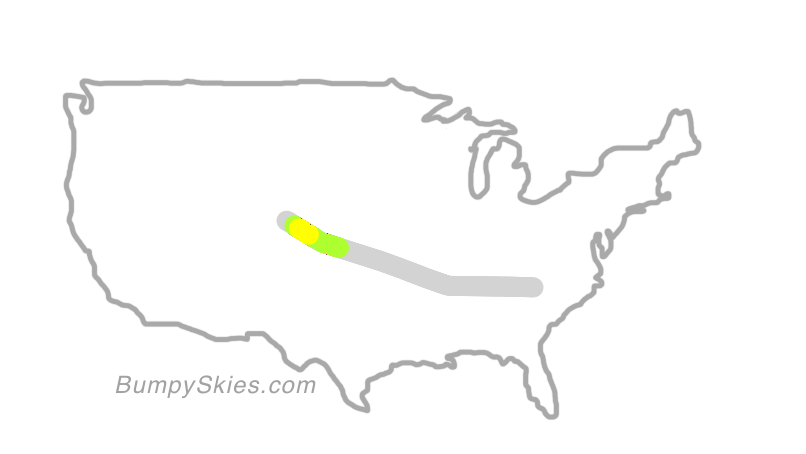 Map of continental US with illustrated flight path and turbulence forecast (described in text below)